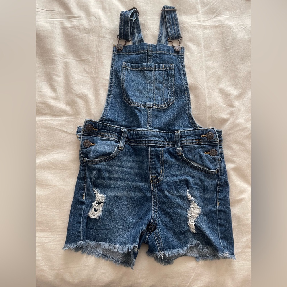 Distressed Denim Short Overalls - Blue